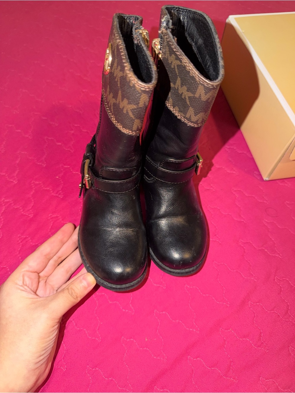 Michael Kors Black Leather Kids Boots with Brown Logo Cuff